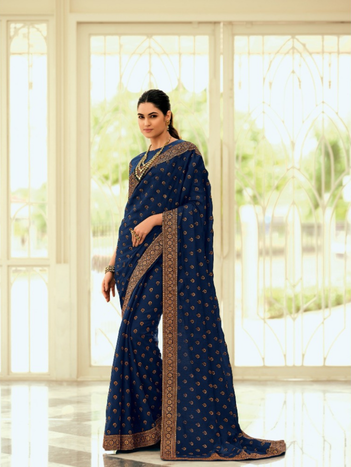 Navy Blue Silk Embroidered Saree