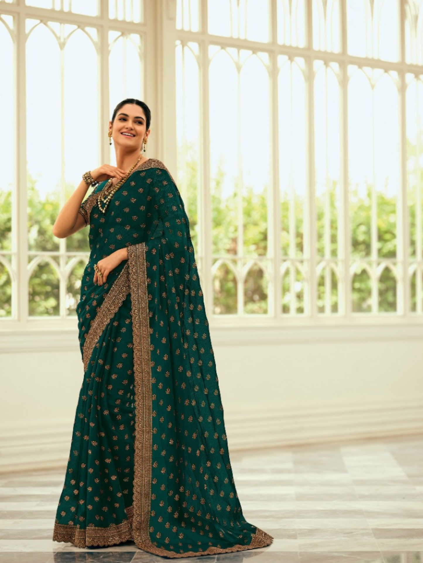 Forest Green Silk Embroidered Saree