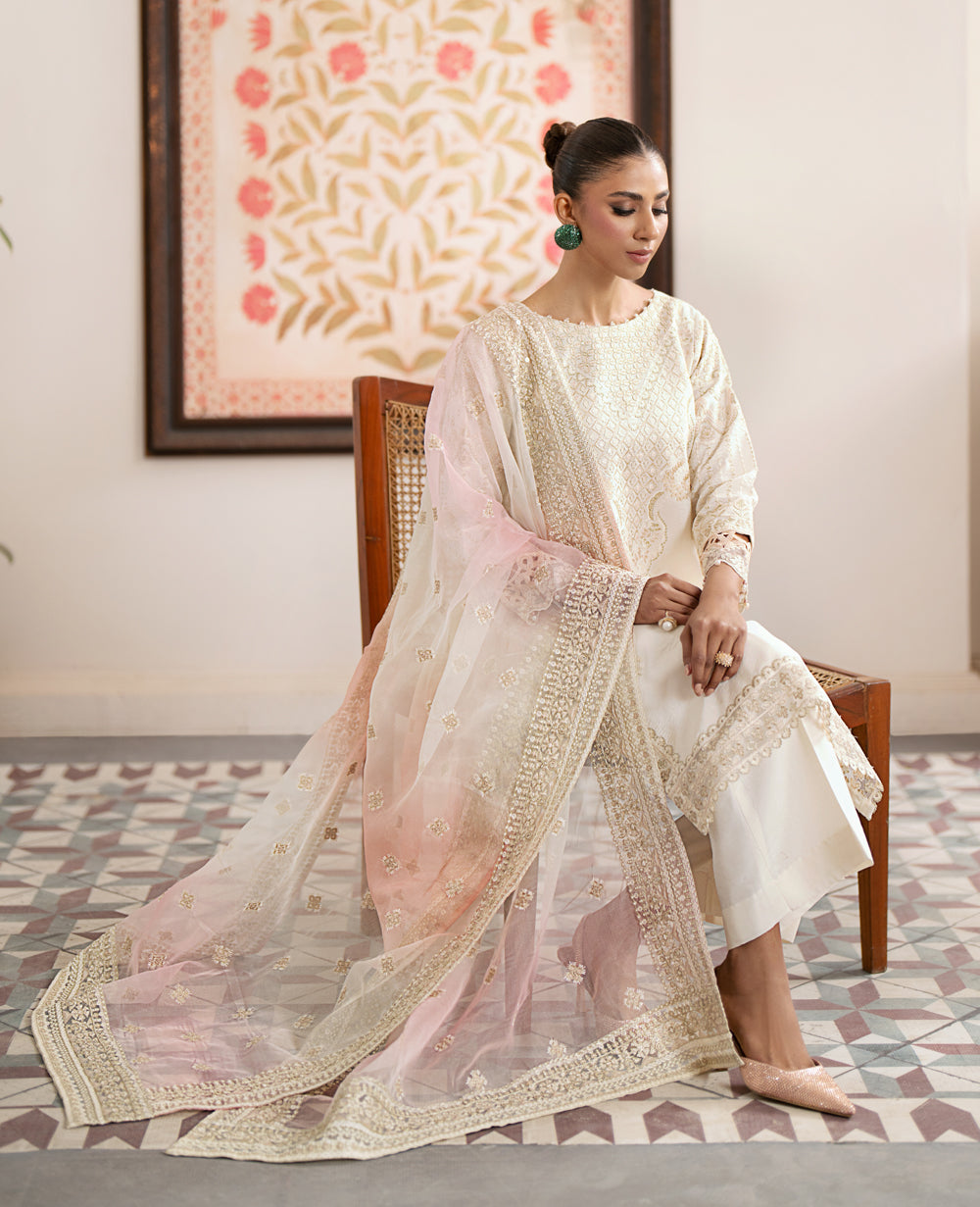 White & Pink Raw Silk Salwar Kameez