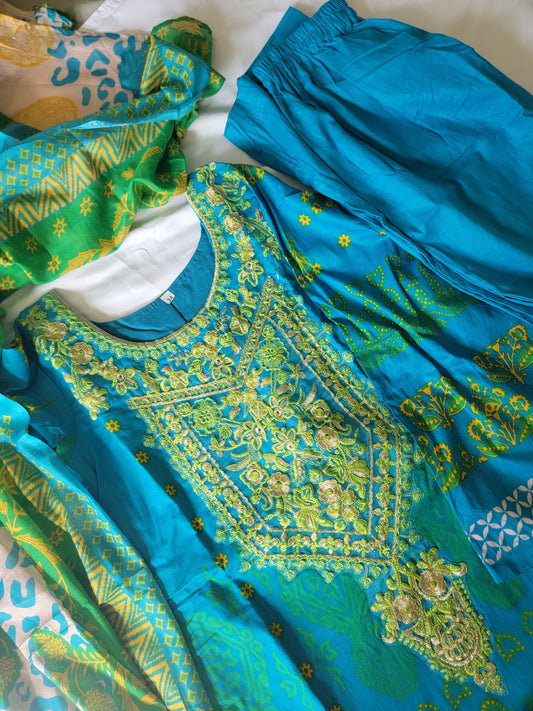 Blue Green Lawn Cotton Salwar Kameez
