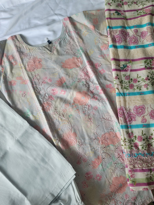 Gray Cotton Print & Embroidered Salwar Kameez