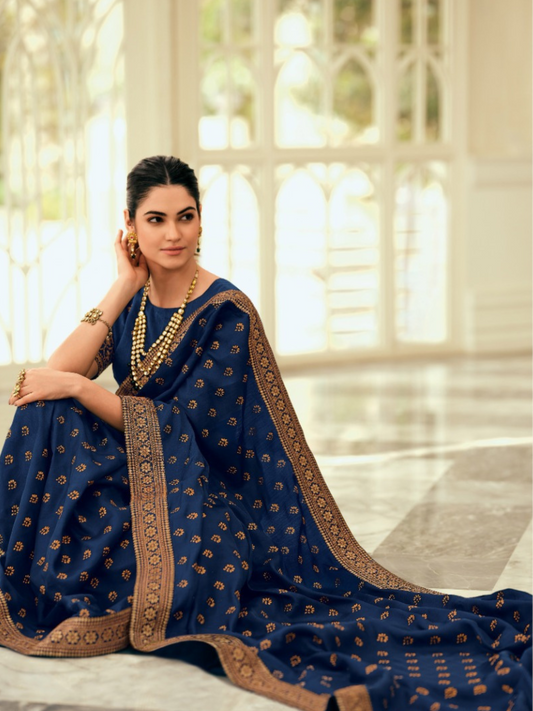 Navy Blue Silk Embroidered Saree