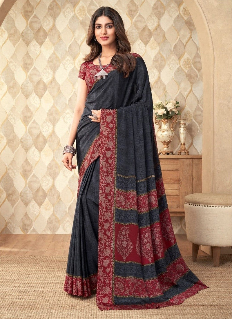 Gray and Maroon Vivanta Silk Printed Saree